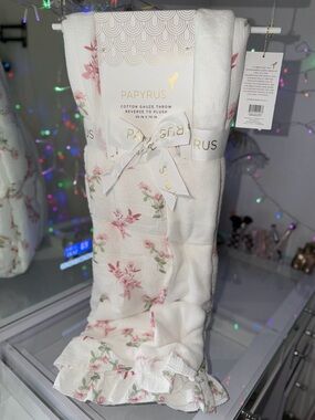 Papyrus Reversible cotton gauze throw ruffle hem pink wildflower throw blanket